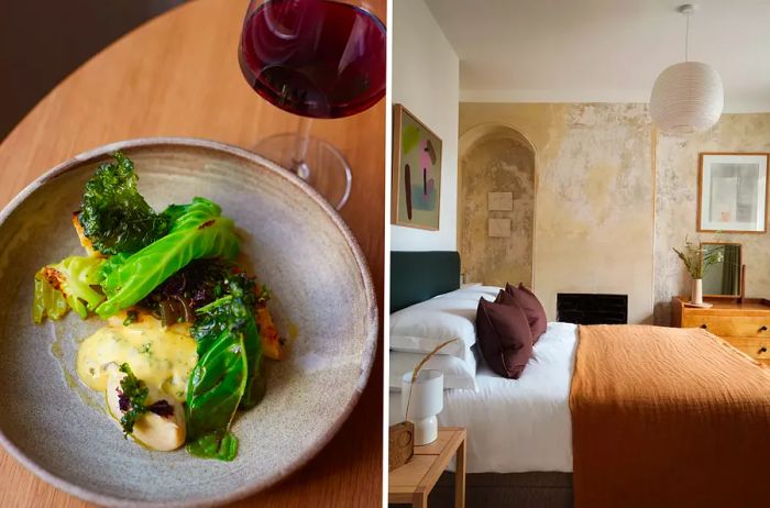 A duo of images showcasing one of a delicious dish and the other featuring a hotel guest room.