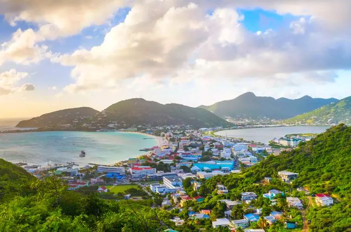 City view of Philipsburg, Sint Maarten, by the Great Salt Pond.