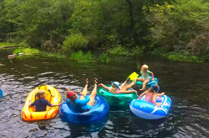 A family enjoying tubing in a river