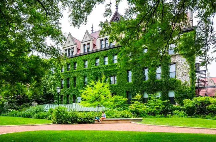 A vibrant green landscape featuring an ivy-covered building at Hyde Park, University of Chicago