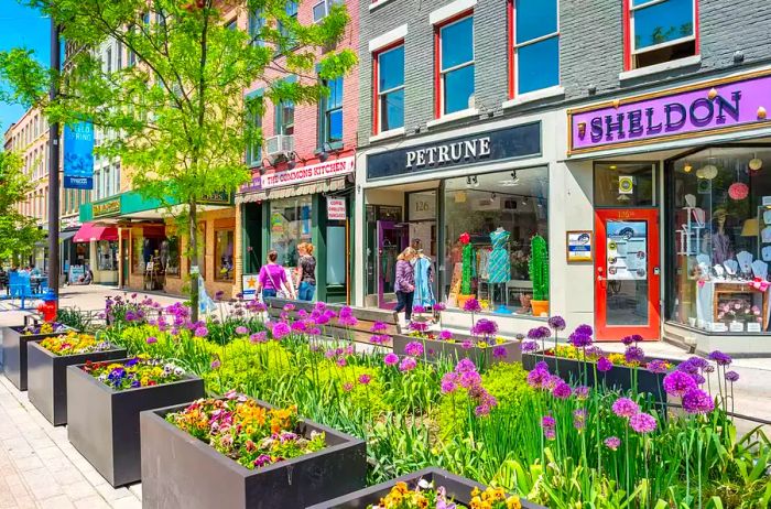 Bustling shopping street in downtown Ithaca, New York