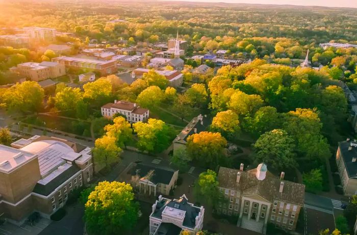 Aerial view of the University of North Carolina in the springtime