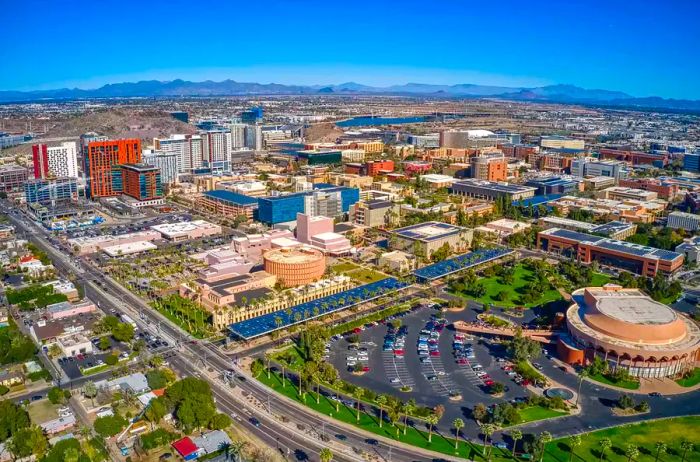 Aerial View of a large Public University in the Phoenix Suburb of Tempe, Arizona