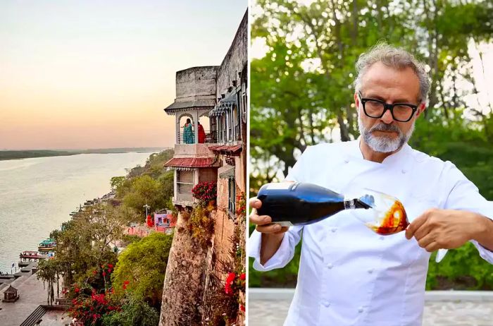 Images showcasing the unique experiences provided by Prior travel club, including a tailored trip to India and a culinary tour in Modena led by chef Massimo Bottura.