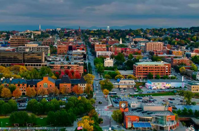 Aerial View from Lakeshore Looking Along Streets in Burlington, Vermont