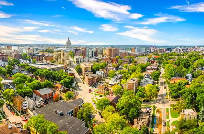 The skyline of Madison and the Wisconsin State Capitol