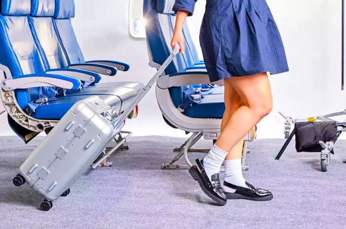 A person navigates the Zero Halliburton Classic Aluminum 3.0 International Carry-on 33L down the aisle of an airplane