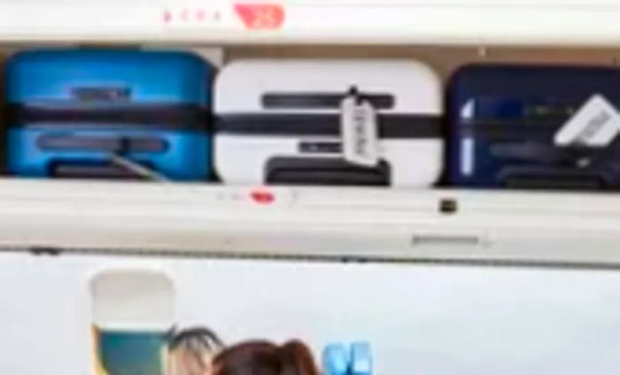 The Away carry-on stored in an overhead bin alongside other bags