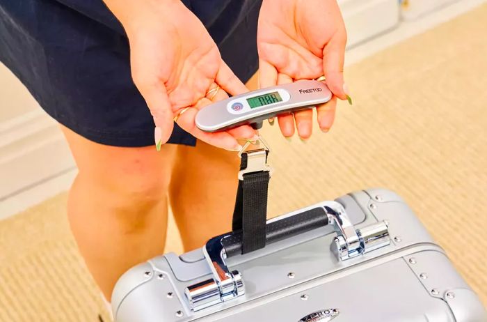 A person checking the weight of the Zero Halliburton Classic Aluminum 3.0 International Carry-on 33L