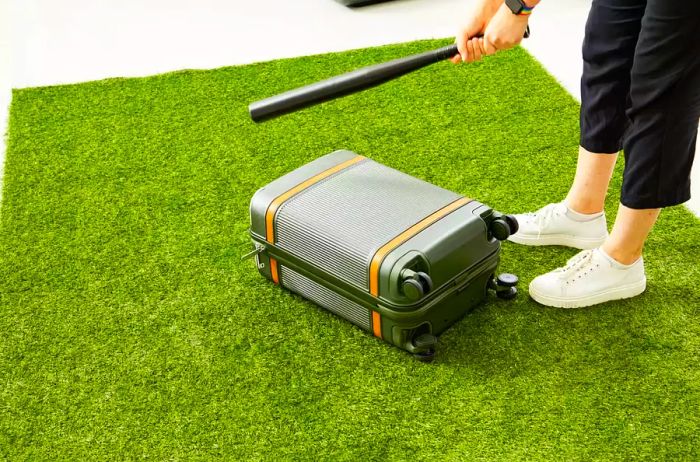 Individual raising a bat above the Paravel Aviator Carry-on Plus on a grassy carpet