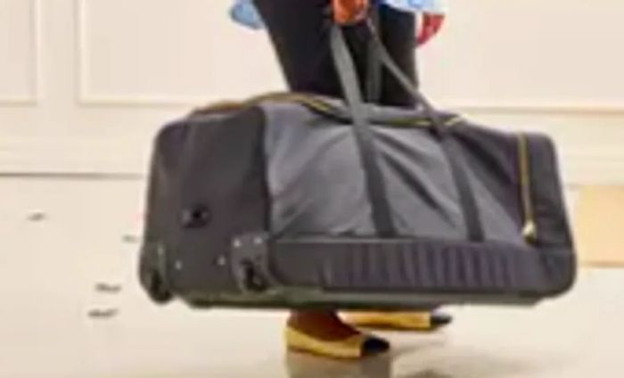 A person raises the Mark & Graham Terminal 1 Checked Rolling Duffle Bag