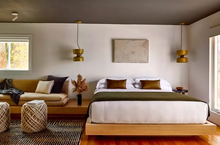 Sleek modern bedroom at AWOL Hotel Kennebunk