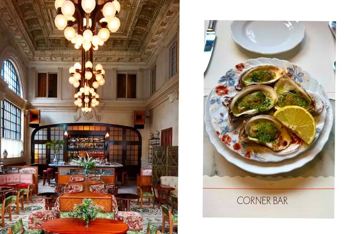 Interior view of Swan Bar during the day, featuring a serving of Oysters Rockefeller from the Corner Bar.