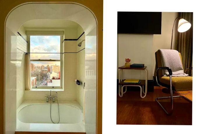 The guest room bathroom features city views and a snug nook with a chair.