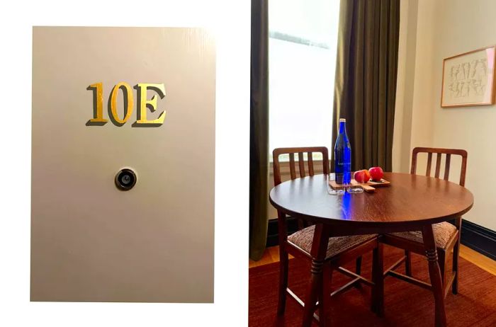 Guest room doors adorned with NYC-style apartment numbers and a sleek wooden table inside the room.