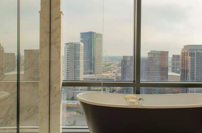 King room featuring a soaking tub with water cascading from the ceiling and panoramic views of Dallas