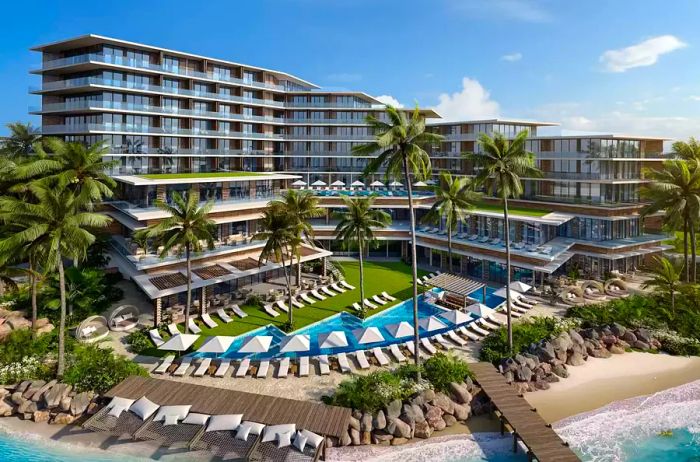 The facade of Pendry Barbados, featuring a beach and pool area.