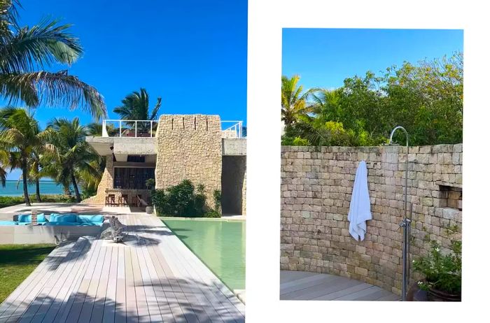 An exterior view showcasing the pool and outdoor shower at Miavana.