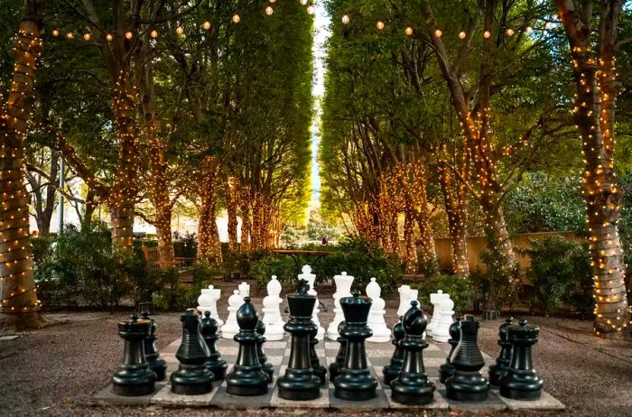 Oversized chess pieces at the Marie Gabrielle Gardens in Harwood District, Dallas