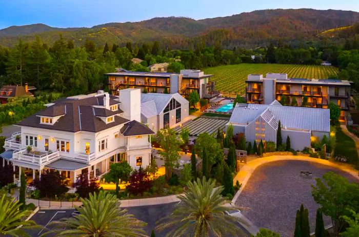 Aerial evening view of Alila Napa Valley's exterior