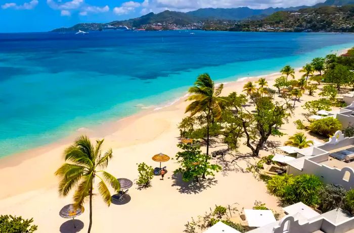 Aerial view of the beach at Spice Island Beach Resort