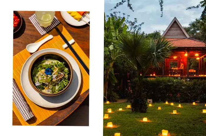 A beautifully arranged bowl of rice noodles with the Khmer Village house as a backdrop at Amansara.