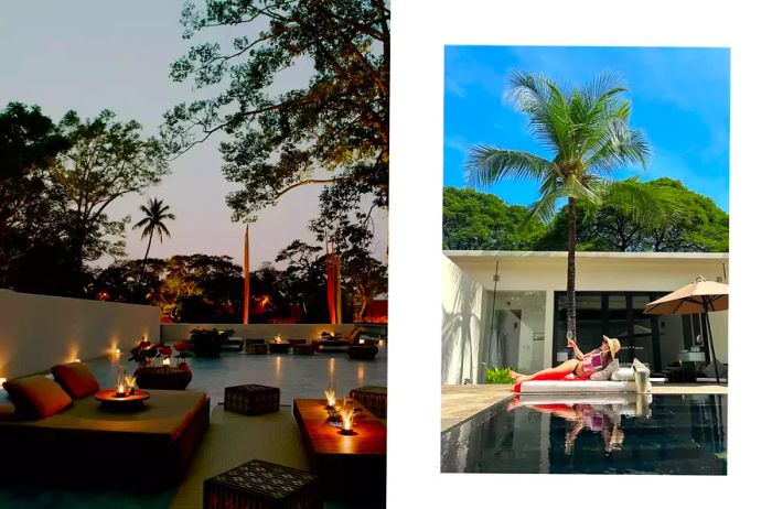 The rooftop terrace at sunset, with the writer relaxing by the pool in her suite at Amansara.