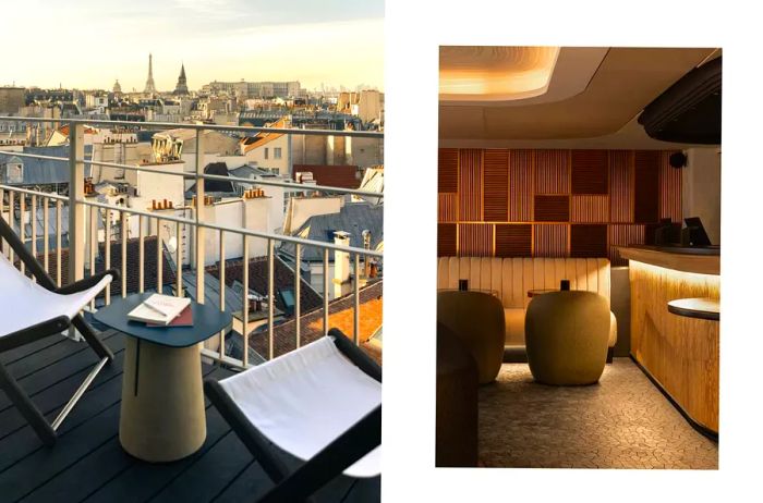 View from a guest room terrace and the lobby at Hôtel Dame Des Arts in Paris, France