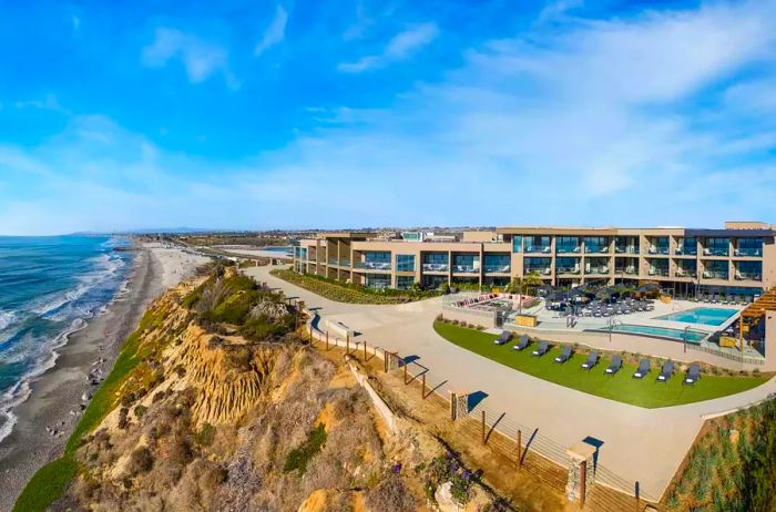 Aerial perspective of Alila Marea showcasing cliffside ocean vistas