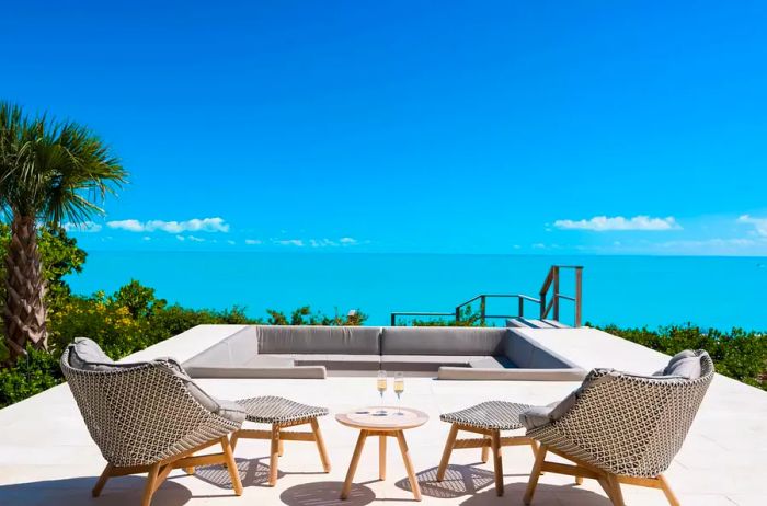 Sunken outdoor lounge area at Wymara Villas in Turks and Caicos.