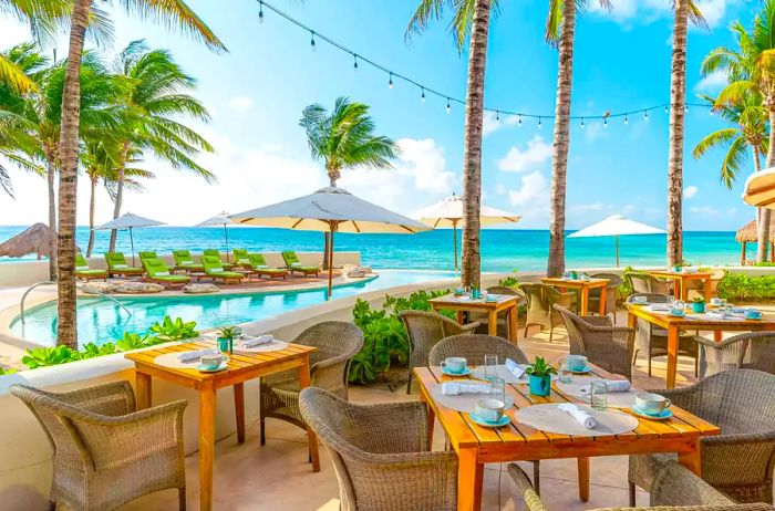 Dining patio with a view of the pool