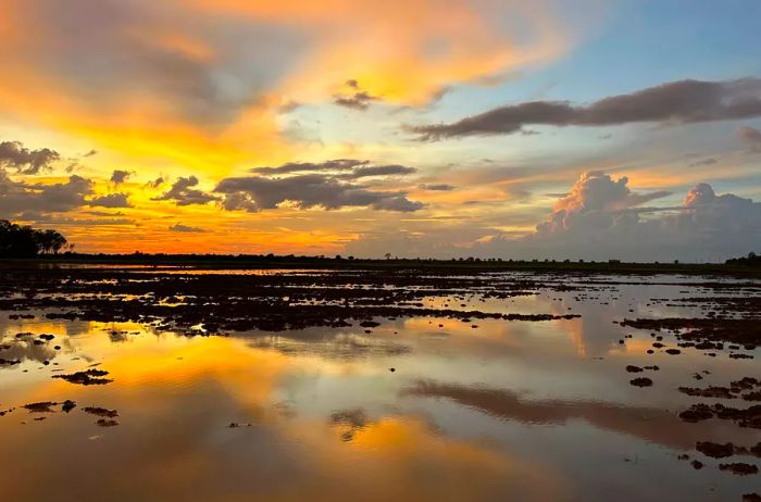 The sunset casts a beautiful glow over Cambodia's waterways.