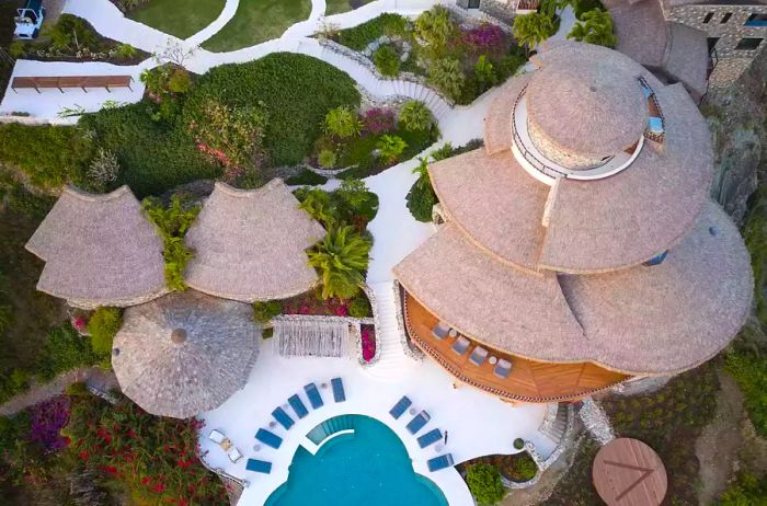 Aerial view of the pool and buildings at The Aerial BVI resort