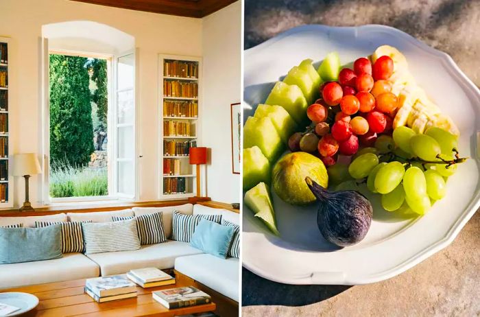 Views from the Patrick and Joan Leigh Fermor House in Greece, featuring the home's library and a platter of fresh figs, grapes, and melon.