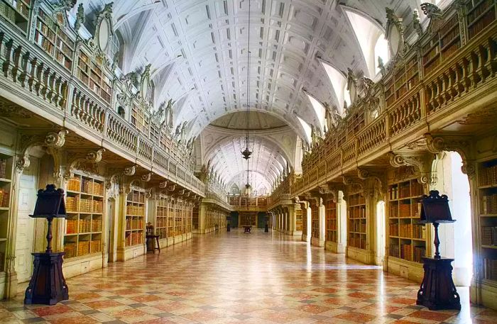 A hallway featuring high, arched ceilings in the Mafra National Palace library