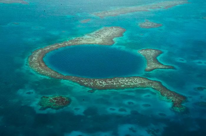 Aerial view of the Great Blue Hole in Belize