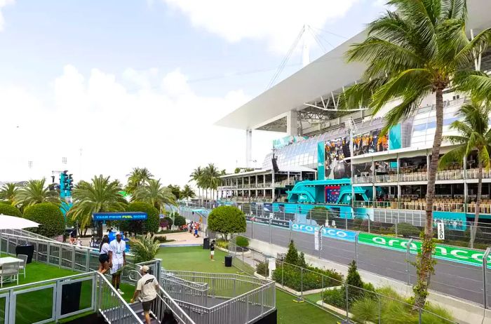 View of the racetrack from the Liquid IV Race House during Miami F1 2024