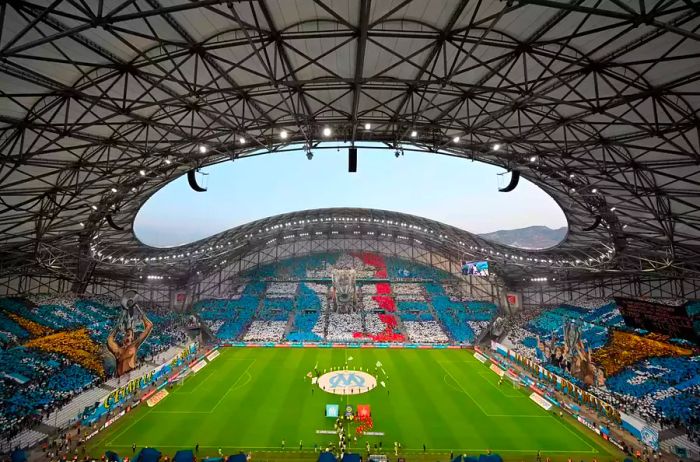 The Marseille Velodrome during a soccer match between Marseille and Brest