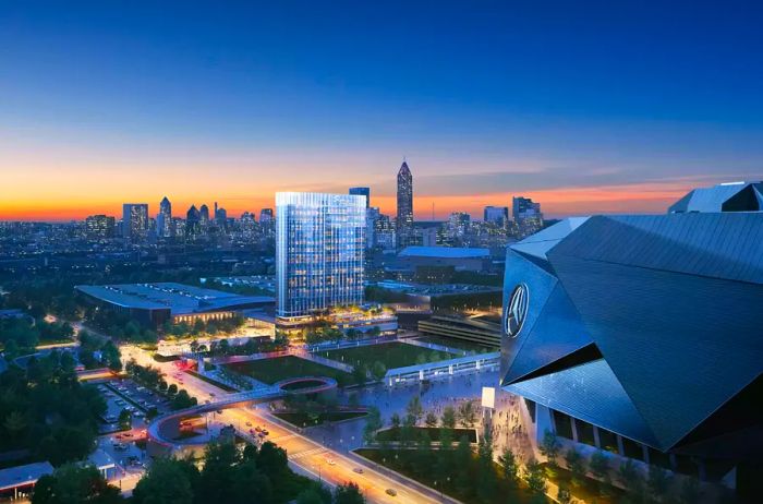 A glimpse of a hotel against the Atlanta, Georgia skyline.