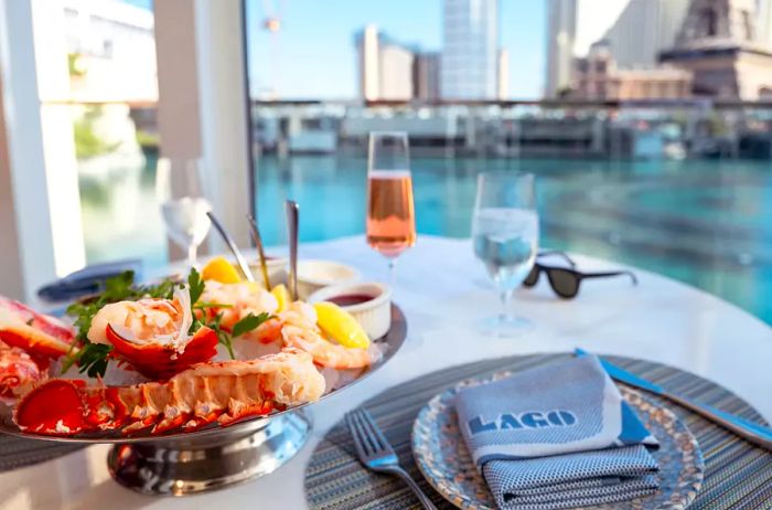 Table at Lago Las Vegas with a view of the Bellagio fountains