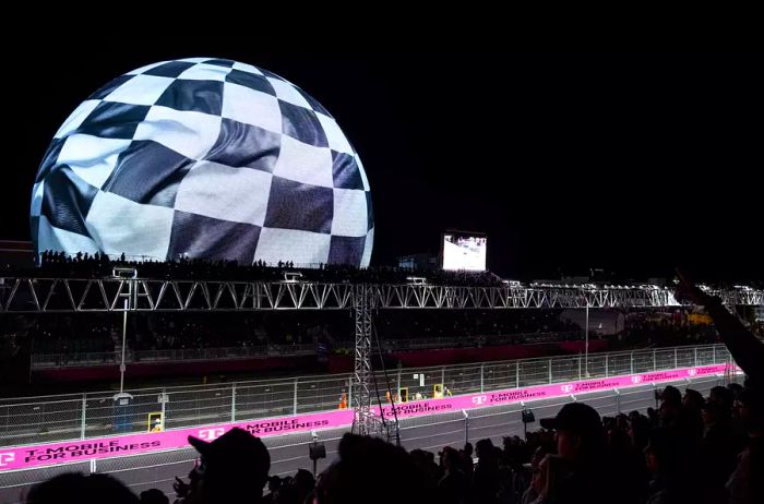 View of the F1 Las Vegas Grand Prix track from the grandstand of the Sphere 2023