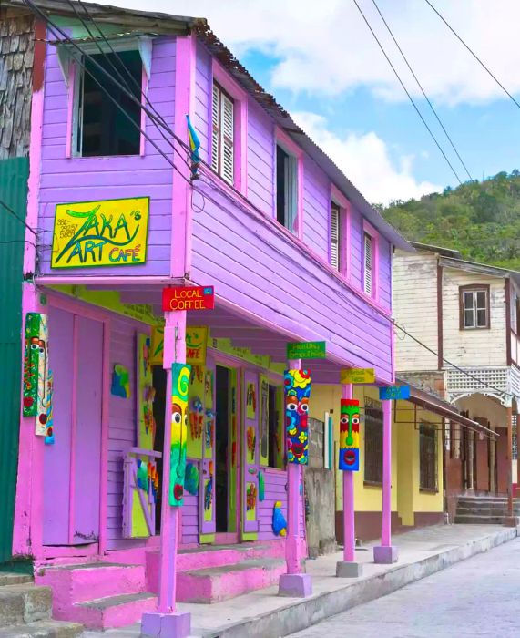 The exterior of Zaka Art Cafe in Soufrière, St. Lucia