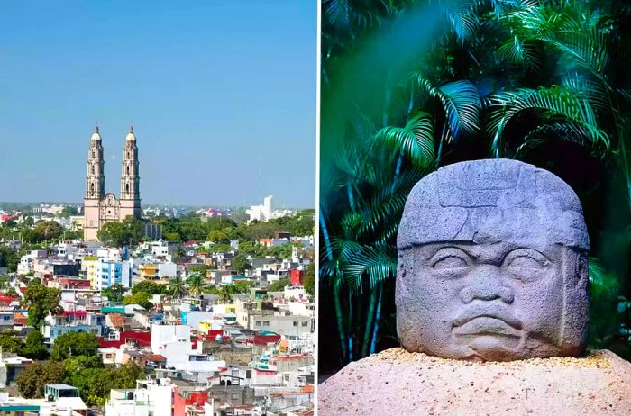 A view of Villahermosa, Mexico, featuring a massive Olmec head at Parque Museo La Venta.