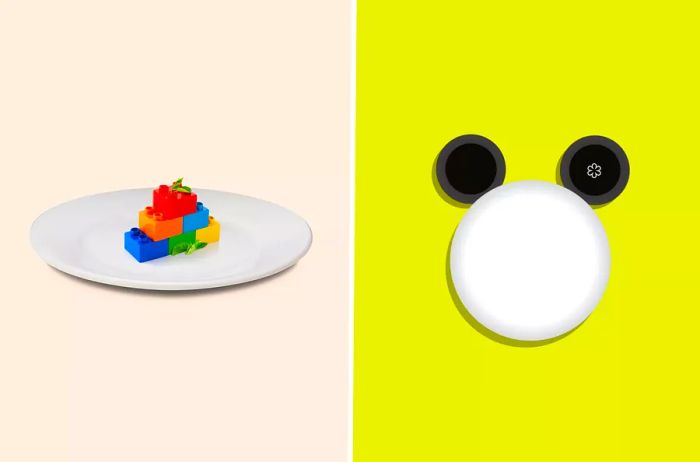 Two illustrations: one depicts legos on a white plate, while the other features Mickey Mouse ears atop a plate.