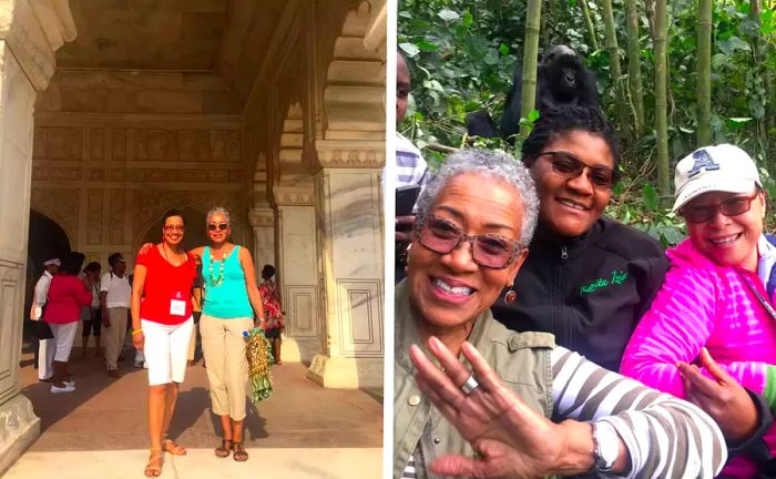 Left: Sisters, Shirley Henderson Coleman and Gaynelle Henderson in India. Right: Gaynelle embarking on a gorilla trekking adventure in Rwanda.