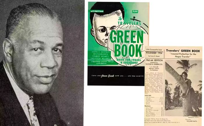 Victor Hugo Green alongside the 1960 cover of the Green Book, featuring an interior page from 1963-64.