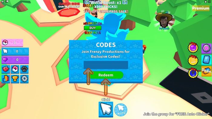 Hướng dẫn nhập mã Clicking Gods - bước 3