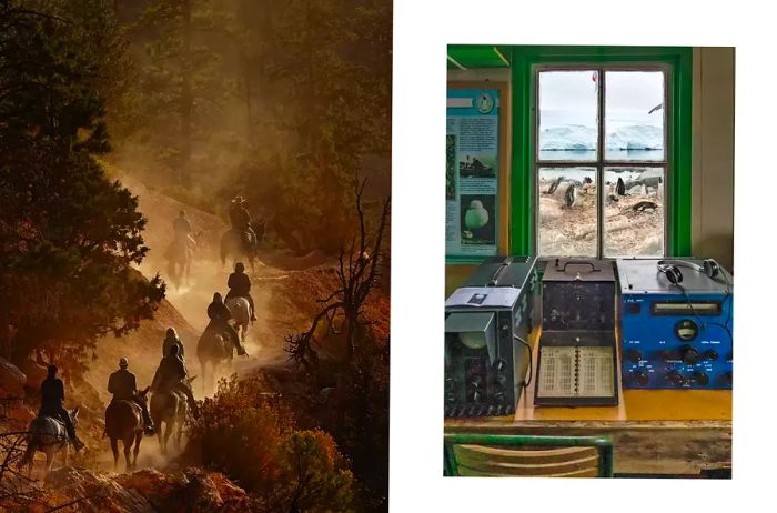 A pair of photos: one depicts horseback riding in Bryce Canyon National Park, and the other shows a view through a window in Antarctica.