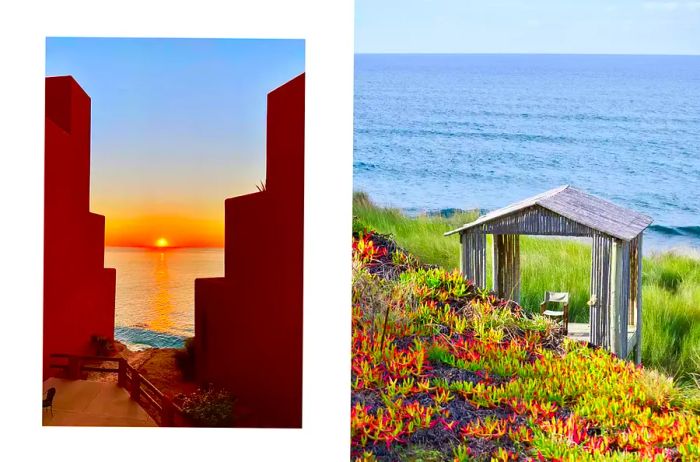 A pair of photos from hotels: one featuring a sunrise in Mexico, and the other showcasing a cabana in Portugal.