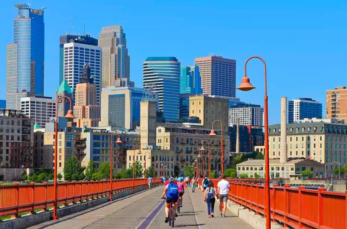 The Minneapolis skyline with cyclists traversing the Stone Arch Bridge